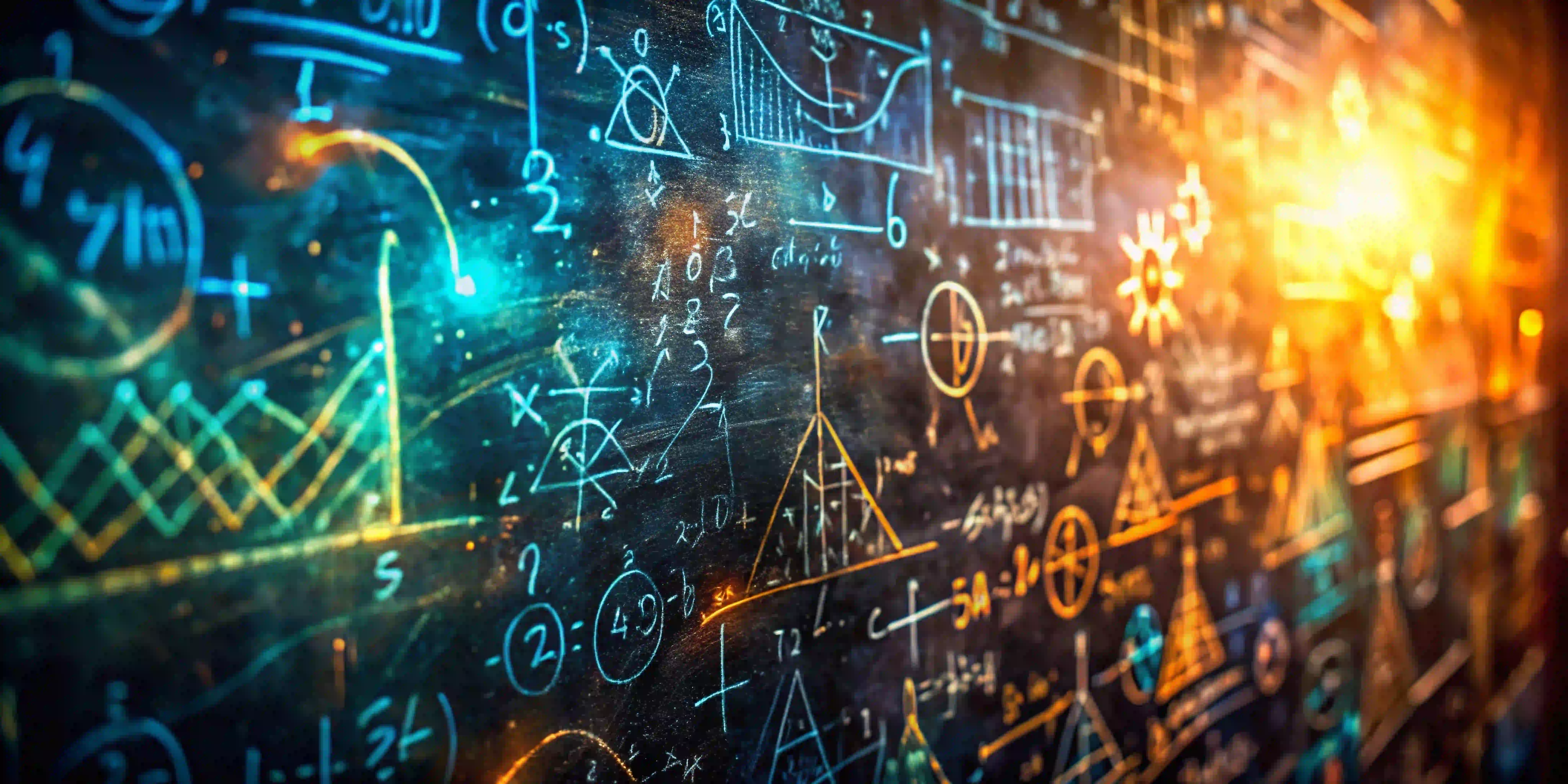 Nahaufnahme einer Tafel mit komplexen mathematischen Formeln und Diagrammen, im warmen Licht beleuchtet.